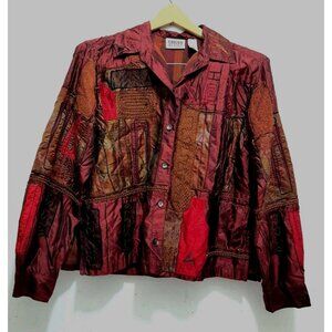 Vtg Chicos Silk Jacket Patchwork Embroidered Wearable Art Burgundy Size 0/Small